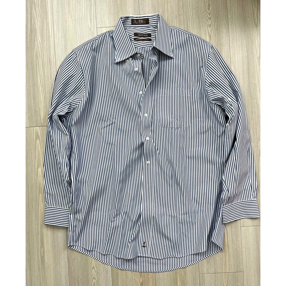 Nordstrom Traditional Fit Dress Shirt Size 16.5/34 Blue Stripe Coastal Preppy